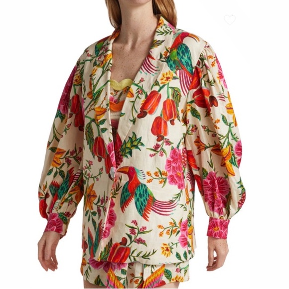 FARM Rio Jackets & Blazers - Farm Rio NWT Women’s M Toucan’s Garden Linen Floral Button Down Blazer Long Sl